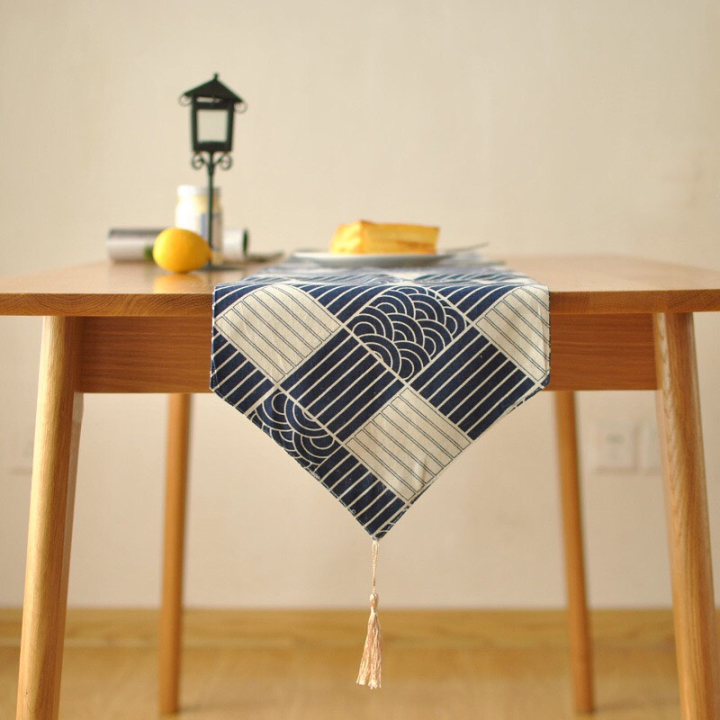 Khăn trải bàn table runner vải bố - Sóng Nhật Bản - mẫu B07