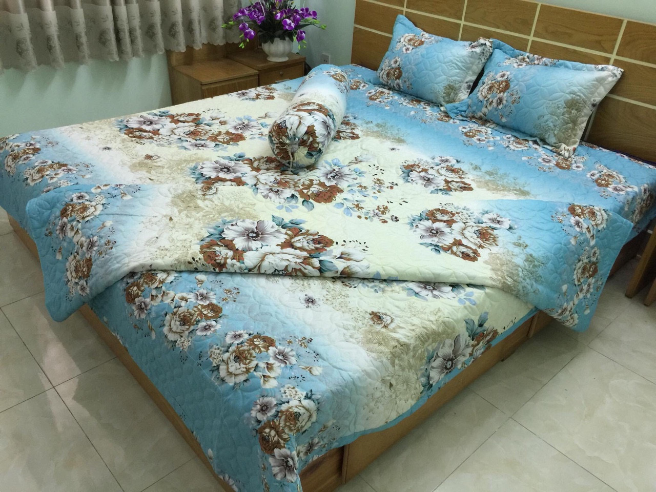 Chăn Hè Hoa Lá Hàn Quốc Siêu Nhẹ Chất Liệu Cotton Poly Thấm Hút Mồ Hôi Thoáng Mát, Mền Chần Bông 3 Lớp Mẫu Biển Xanh - Tặng 10 chiếc chun