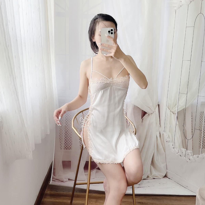 Đầm ngủ nữ satin đan dây ren hoa nhí sexy Q85 - Váy ngủ hai dây - Váy ngủ sexy - Đồ ngủ mặc nhà