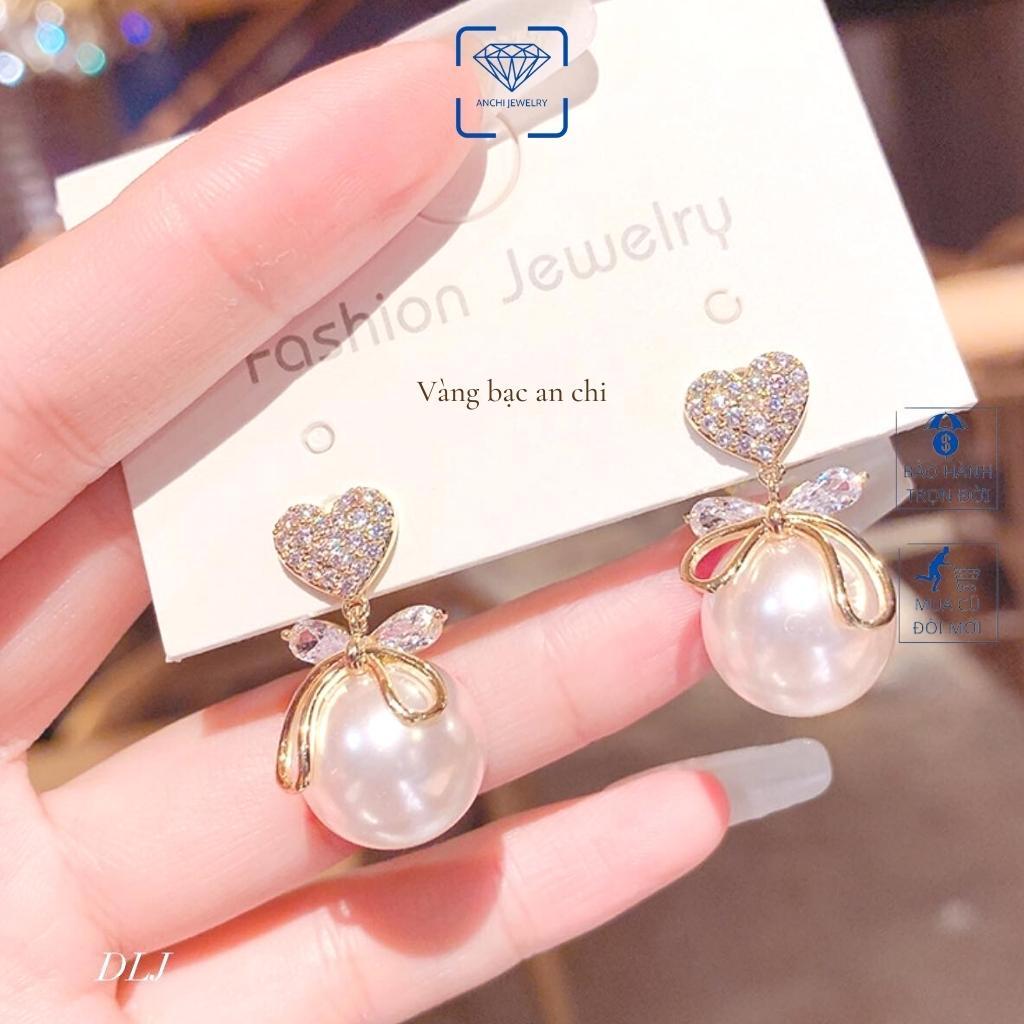 Bông tai dự tiệc sang chảnh,Hoa tai bạc gắn hạt trai đính nơ dễ thương,Anchi jewlery