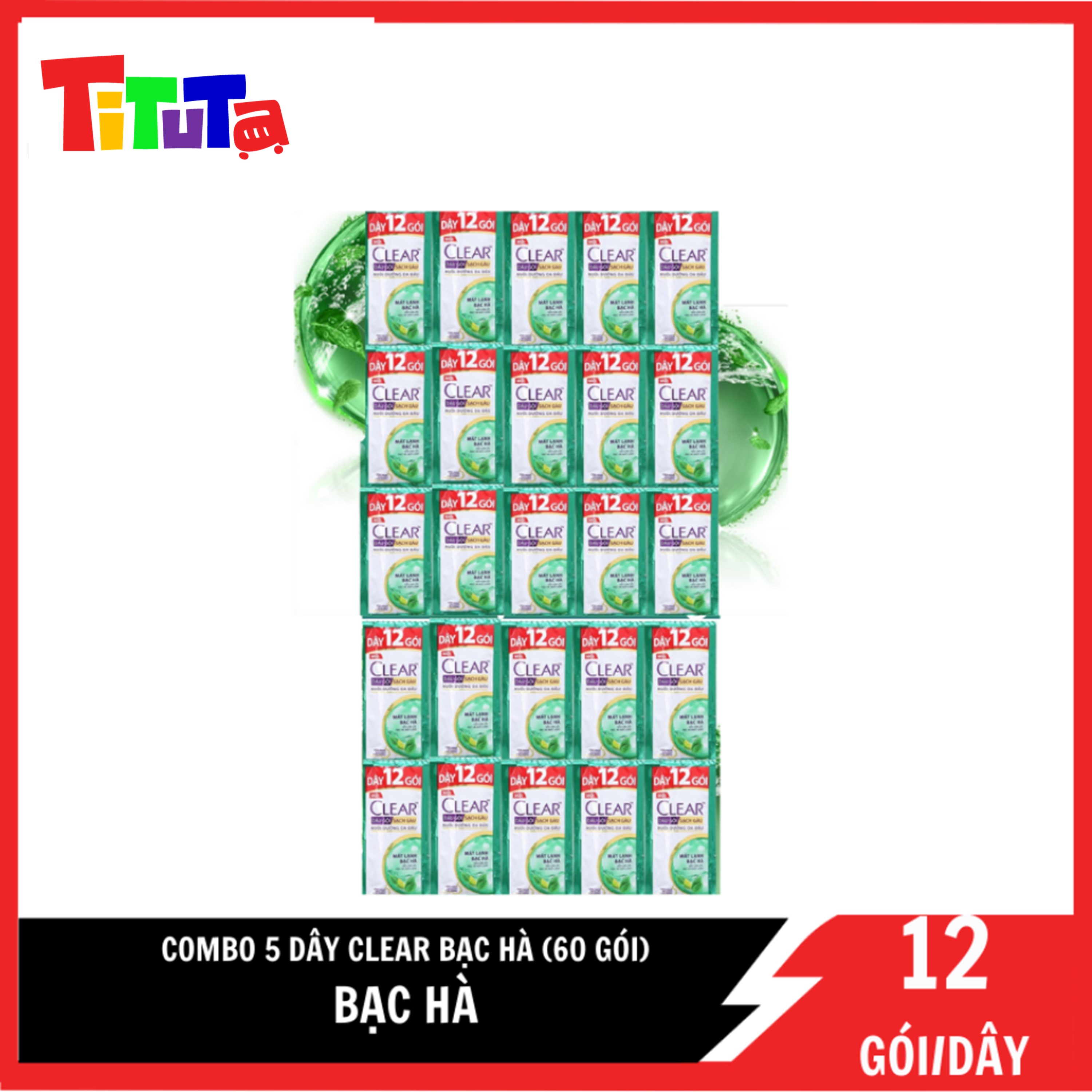 COMBO 5 dây Dầu gội Clear Bạc hà Dây 10 Gói X5