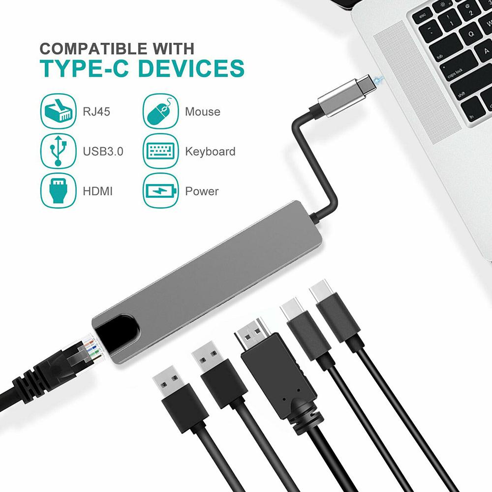 HUB Type C ra 6 cổng HDMI/RJ45/USB 30/TypeC cho laptop, macbook, Dell XPS