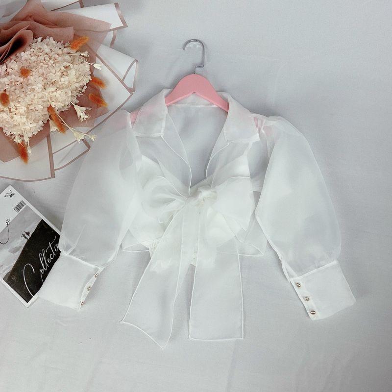 Áo kiểu nữ cột nơ tay lững đính ngọc kèm áo trong
