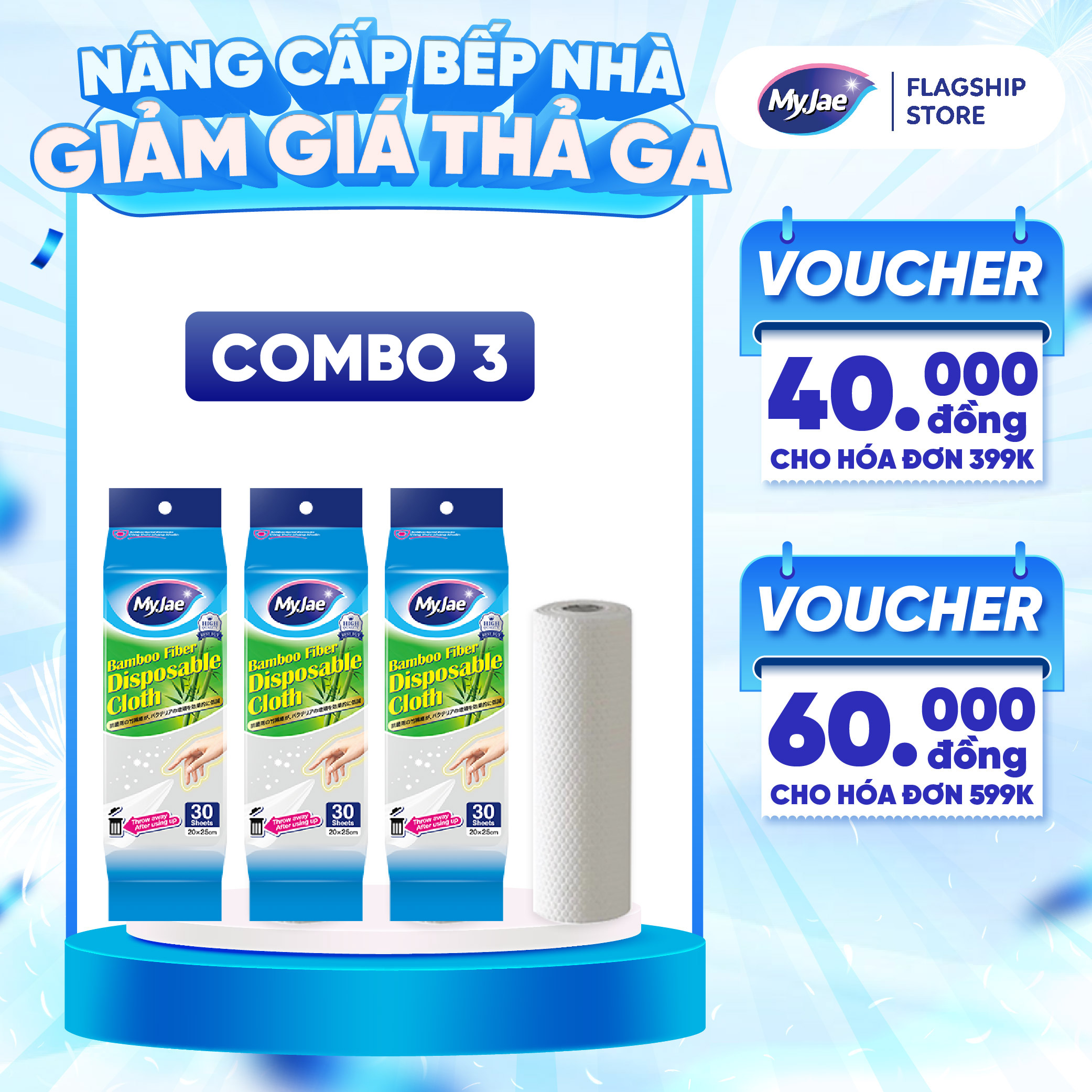 Combo 3 Khăn lau sợi tre MyJae lau chùi tiện lợi, đánh bay dầu mỡ 20cm x 25cm (30 Tờ/Bịch)