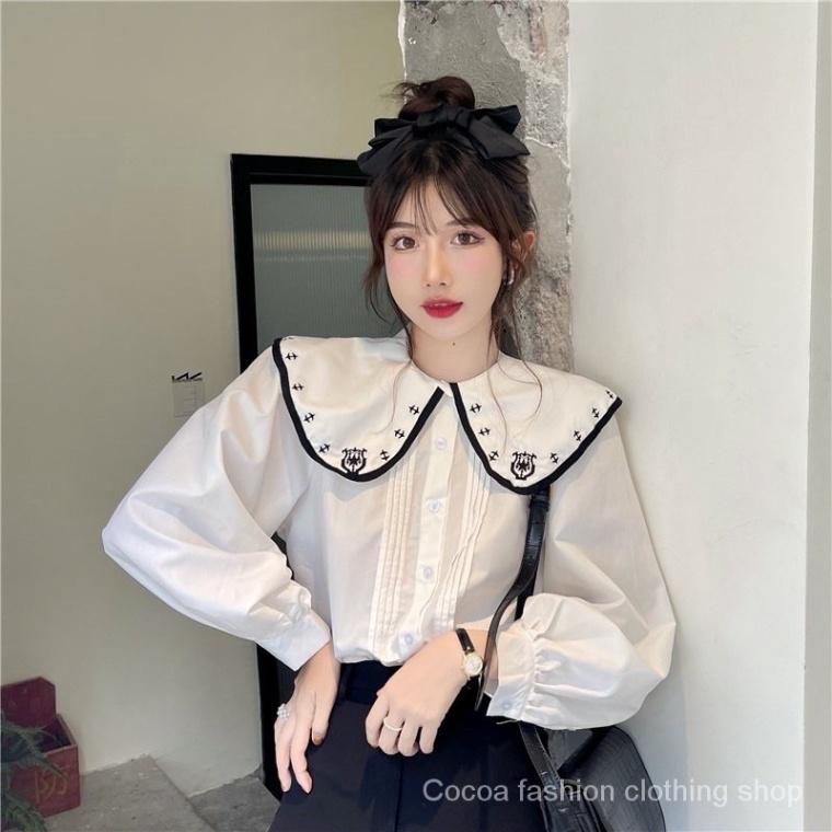 Áo sơ mi tiểu thư chất thô mịn mát- Áo dài tay cổ cách điệu siêu xinh_313 ulzzang nữ tính, mầu đen, trắng, be, nâu tây,