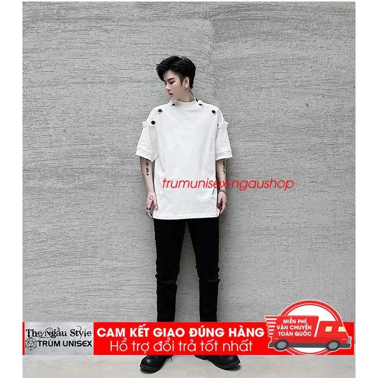 Áo thun Stee nam tay lỡ unisex form rộng overtee Nút áo trên vai màu trắng và đen chất vải cotton xịn Trumunisex