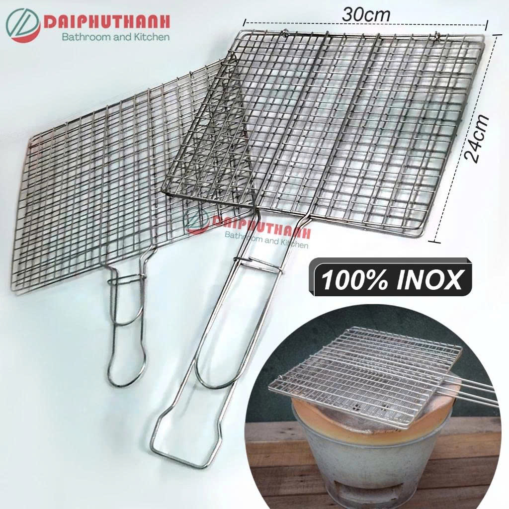 Vỉ Nướng Than Inox Vỉ Nướng Thịt Cá Dạng Kẹp - Độ dày 2 đến 3 li, mặt vỉ 30x24cm đan ca rô dày dặn
