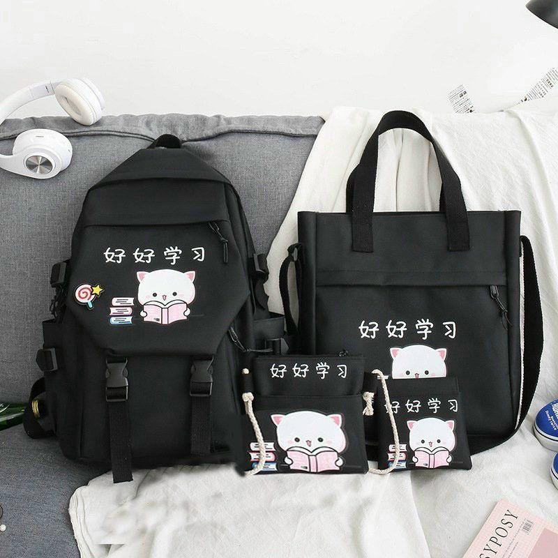 Combo balo 4 món thời trang ulzzang, Set balo 4 món đi học, balo 4 món - mèo hai khóa đọc sách