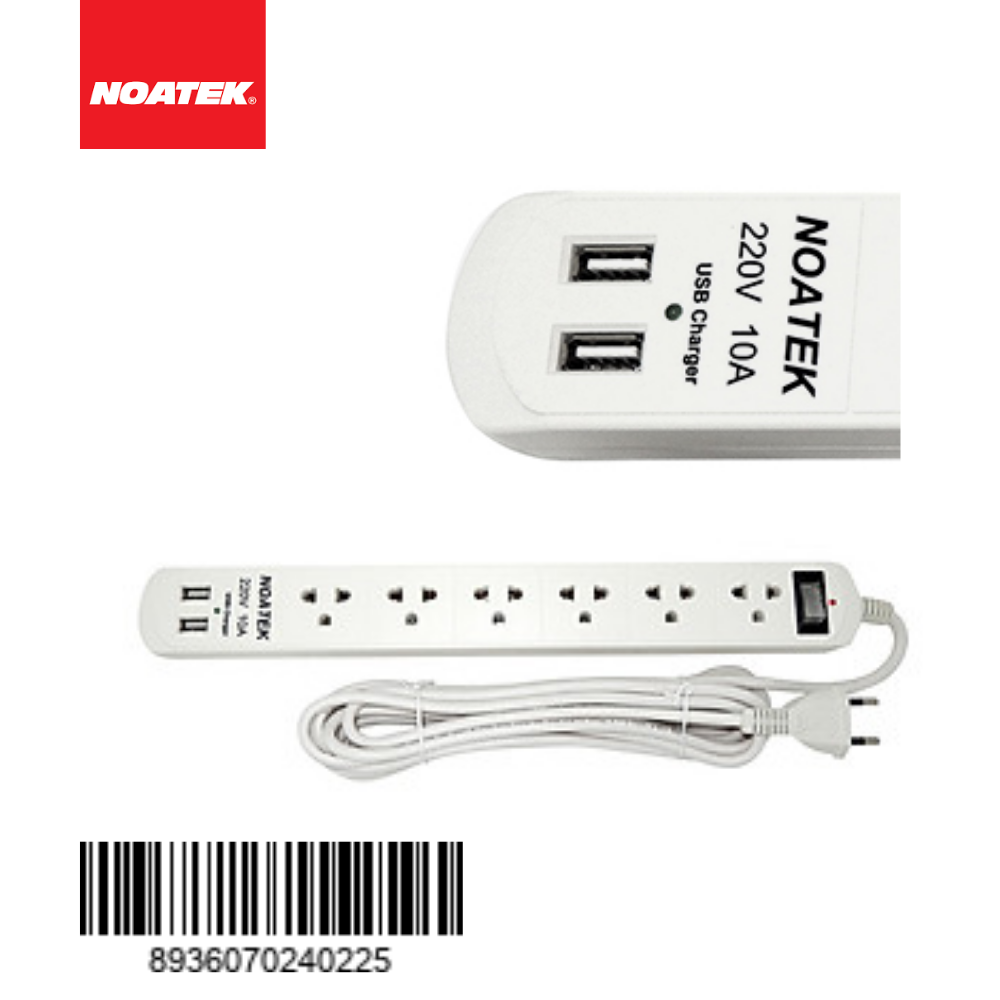Ổ cắm điện Noatek 6 phích cắm có 2 cổng USB, dài 2 mét - trắng