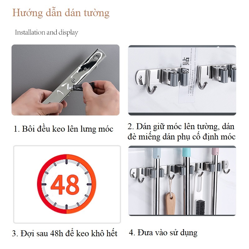 Thanh treo đồ dán tường Inox 304 gồm 4 móc treo và 3 rãnh kẹp cây chổi lau nhà siêu tiên lợi - tặng kèm keo