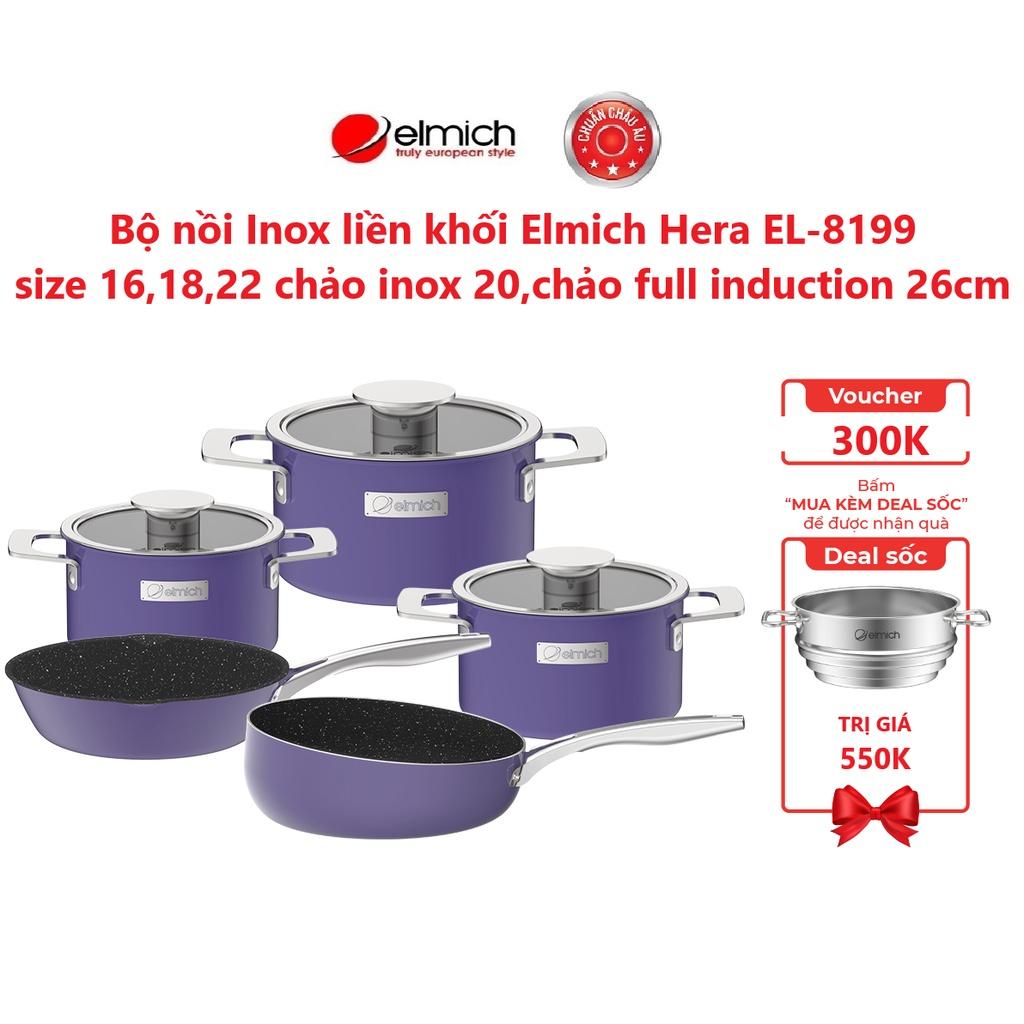 Bộ nồi Inox liền khối Elmich Hera size 16,18,22 chảo inox 20,chảo full induction 26cm( Màu : Xanh/ Tím/ Vàng)