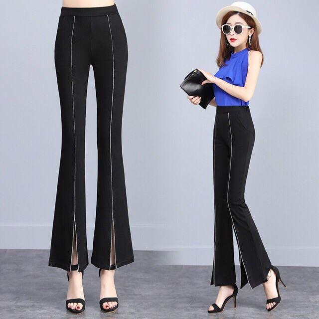 Quần ống loe xẻ trước, viền trắng