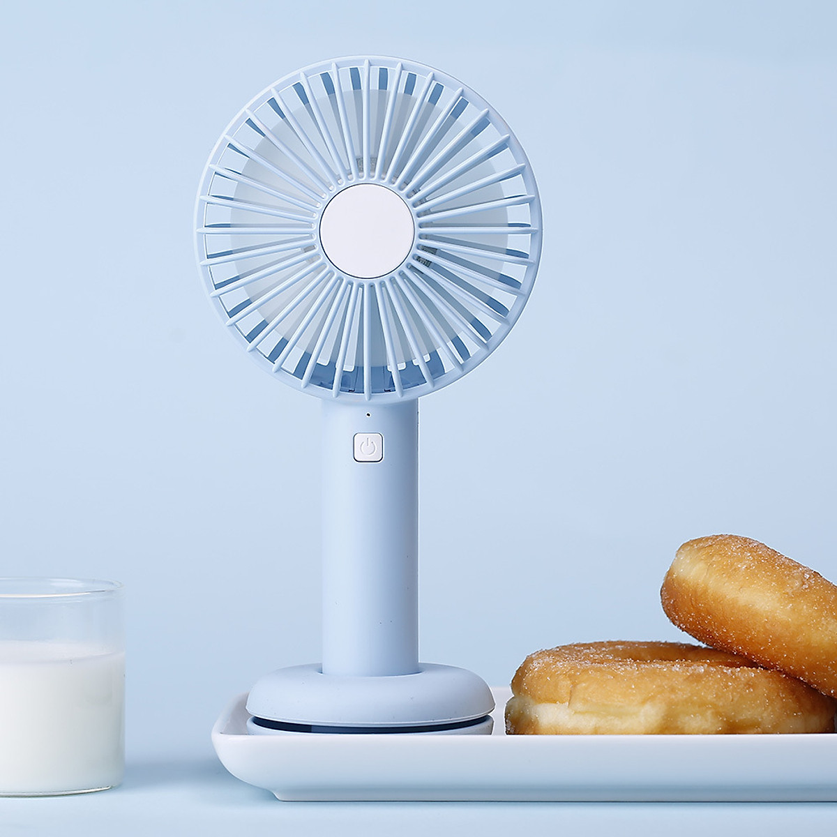 Quạt Mini Cầm Tay Damas Donut T9 Tích Điện Tiện Lợi Kèm Cáp Sạc - Tích Hợp Đèn Led Đổi Màu Lung Linh, Ảo Diệu -  Thiết Kế Chân Đế Thiết Kế Bánh Donut Giữ Quạt Để Bàn ( Đế Silicon Là Ngăn Để Cáp Sạc 0,5m)  - Hàng Chính Hãng