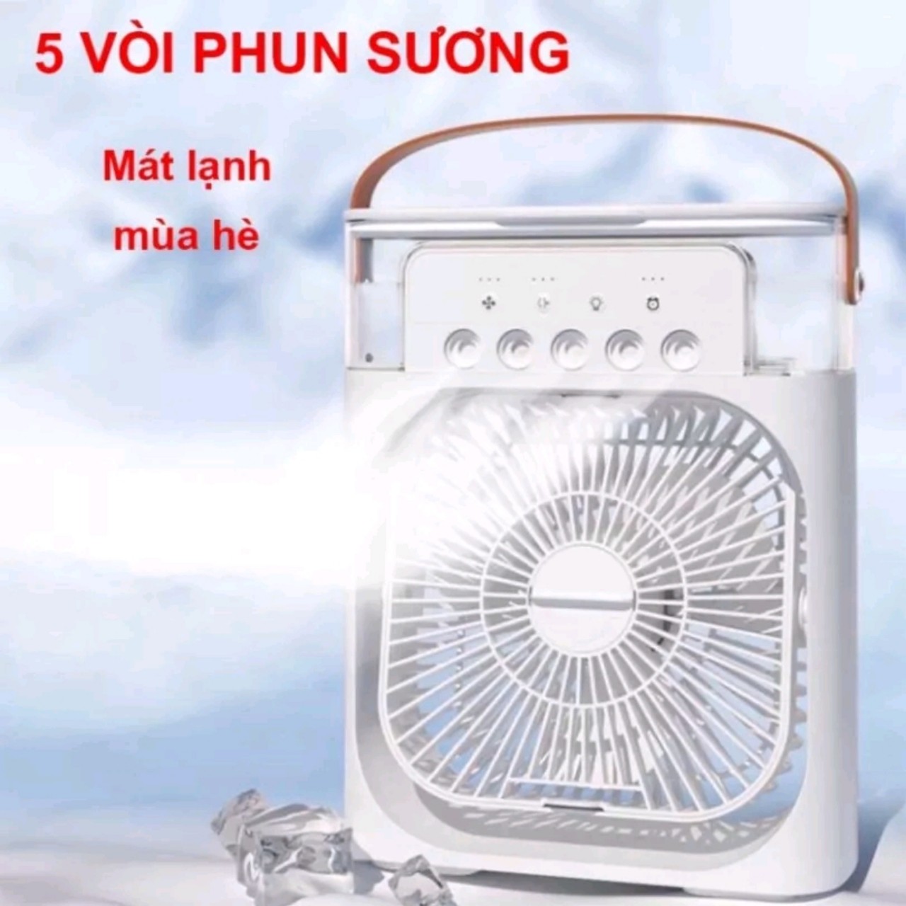 Quạt điều hòa hơi nước mini để bàn, quạt phun sương có khay chứa đá, 5 vòi phun sương kèm đèn led 7 màu loại tốt