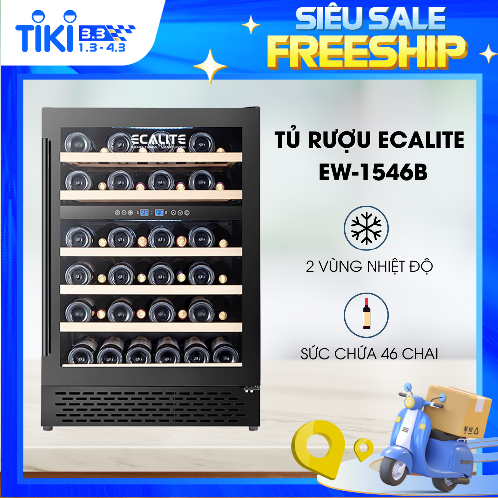 [Giao toàn quốc] Tủ bảo quản rượu Ecalite EW-1546B - 2 vùng nhiệt độ - Sức chứa 46 chai - Hàng chính hãng