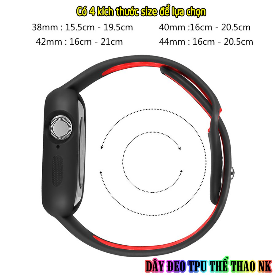 Dây Đeo liền ốp dành cho Apple Watch size 38/40/42/44mm TPU thể thao viền màu - Đen Đỏ (tặng dán KCL theo size)