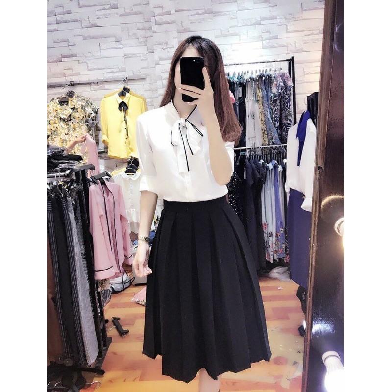 Aó công sở cột nơ viền tay dài