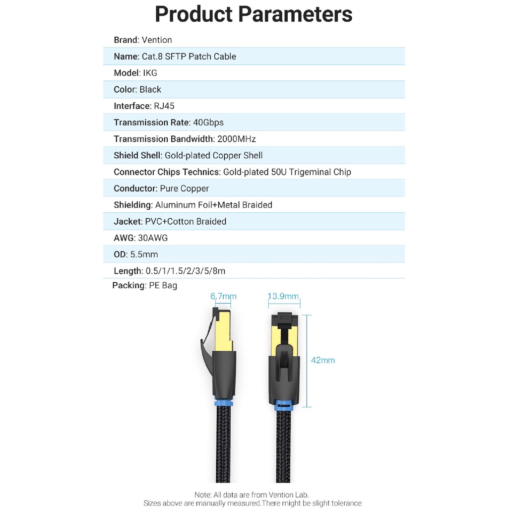 Cáp mạng RJ45 CAT8 SFTP Vention IKG dây dù IKA dây nhựa  - Hàng chính hãng