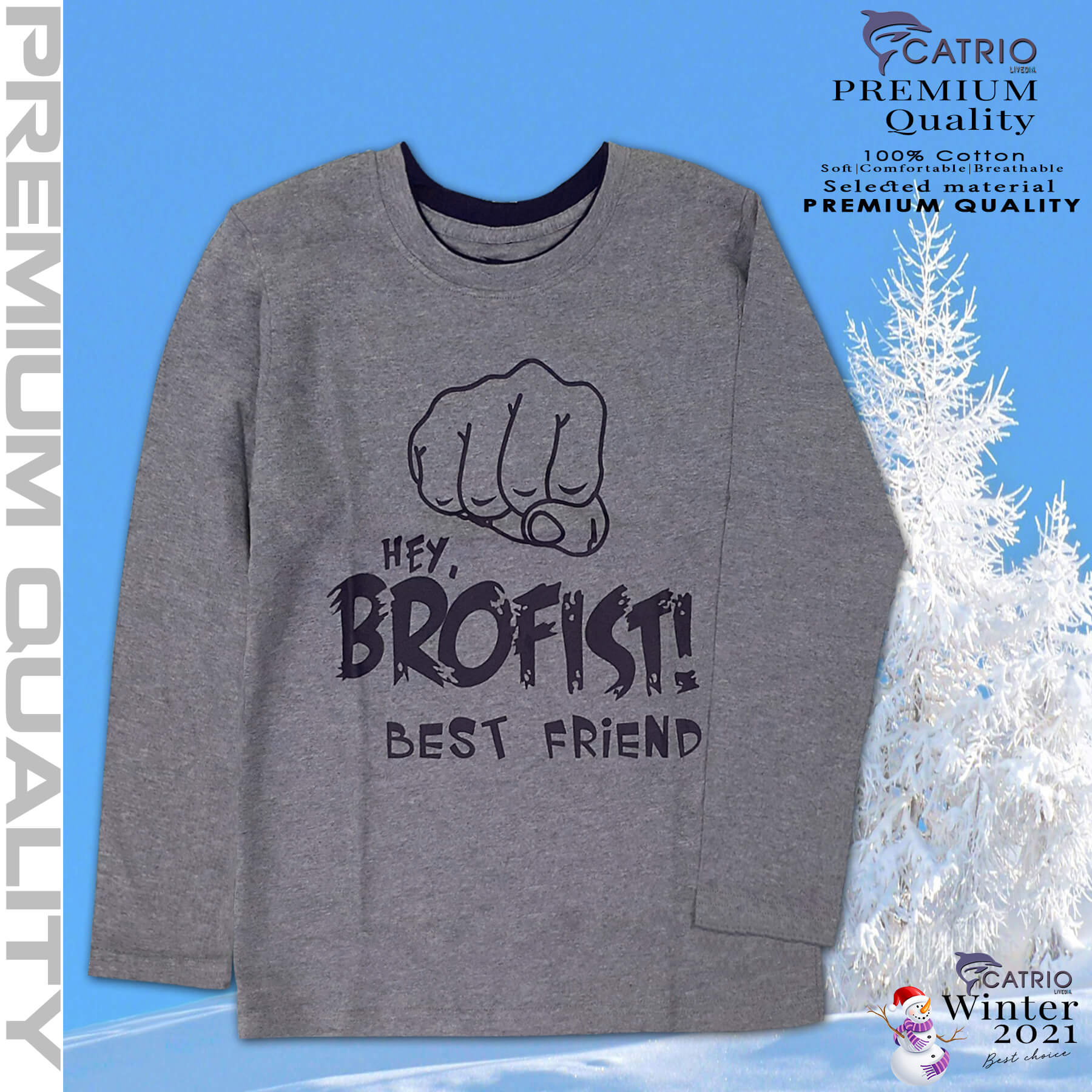 ÁO THUN DÀI TAY BÉ TRAI CATRIO in BROFIST màu XÁM là áo phông trẻ em từ 9 tuổi 10 tuổi 11T 13/14 tuổi (30kg. 35kg. 40kg . 55kg) vải 100% cotton an toàn, thuộc BST quần áo trẻ em mùa thu đông CATRIO kết hợp với quàn dài thành bộ đồ thu đông đẹp
