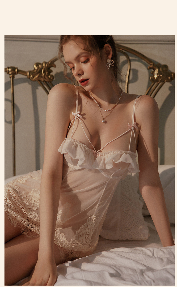 Váy ngủ cực sexy có ngọng nâng ngực, dây vai có khoá tuỳ chỉnh chất voan  mịn phối ren kiêu gợi_DN08