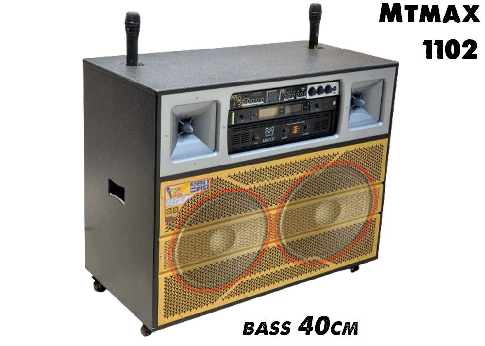 Loa kéo di động MTMax 1102 - Dàn karaoke ngoài trời bass 4 tấc đôi ngang, 2 treble - Loa khủng long công suất cực lớn đến 2400W - đầy công suất 24 sò LA1200 - Vang fx30 - Micro ugx23 Đầy đủ kết nối Bluetooth, AV, USB, SD card, TWS hàng chính hãng