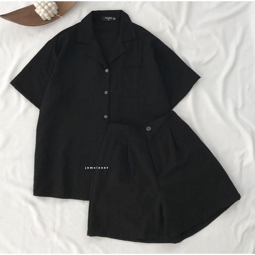 Set sơ mi cộc tay kèm short đũi đen nữ  Nana's House - FREESHIP  Bộ áo tay lỡ khuy cài mix quần đùi suông HOT
