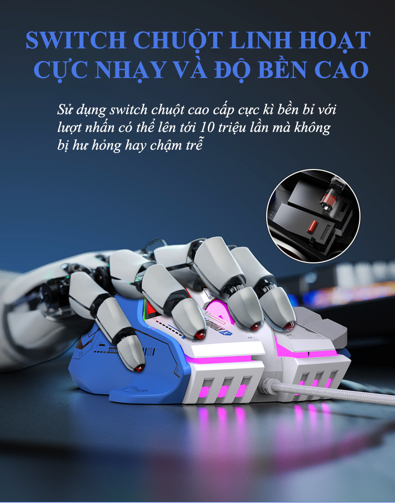 Chuột cơ chơi game G6S thiết kế robot cực ngầu với độ DPI lên đến 12800 kèm theo 13 chế độ đèn led RGB tùy chỉnh phù hợp cho các game thủ