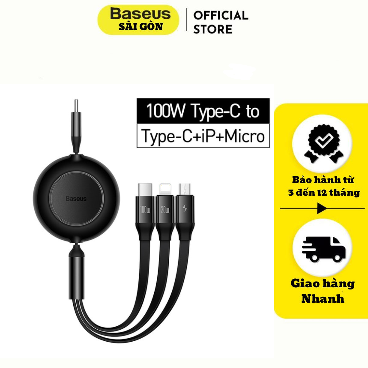 Cáp Sạc Dây Rút Thế Hệ Mới Baseus Bright Mirror Series 2 Retractable 3-in-1 Fast Charging Data Cable (Type-C to M+L+C 3.5A 100W 1.1m) CAMJ- Hàng chính hãng