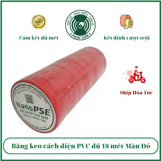 Băng keo cách điện đủ mét Nano PSE 18M màu đỏ (01 cây 10 cuộn)