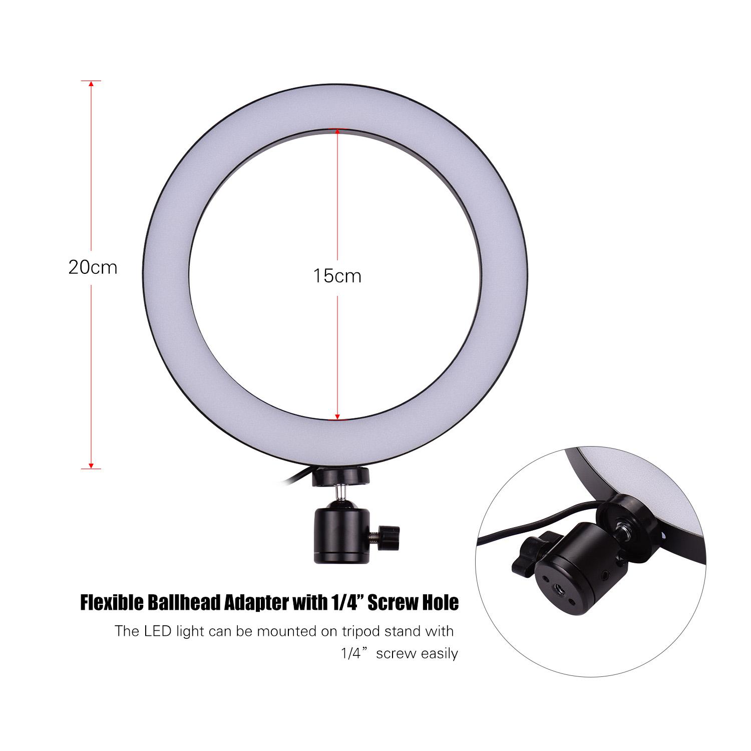 Đèn LED vòng tròn nhỏ  3 chế độ chiếu sáng có thể điều chỉnh USB được hỗ trợ với Ballhead linh hoạt 20 cm / 8 inch