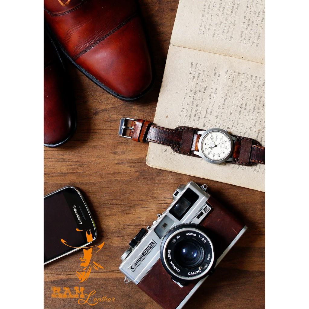 Combo dây đồng hồ da bò thảo mộc mahogany kiểu quân đội RAM Leather B2 1970 - tặng khóa chốt và cây thay dây
