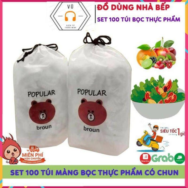 Set 100 màng bọc thực phẩm túi gấu, màng bọc thực phẩm PE có chun bọc đồ ăn co giãn tái sử dụng nhiều lần