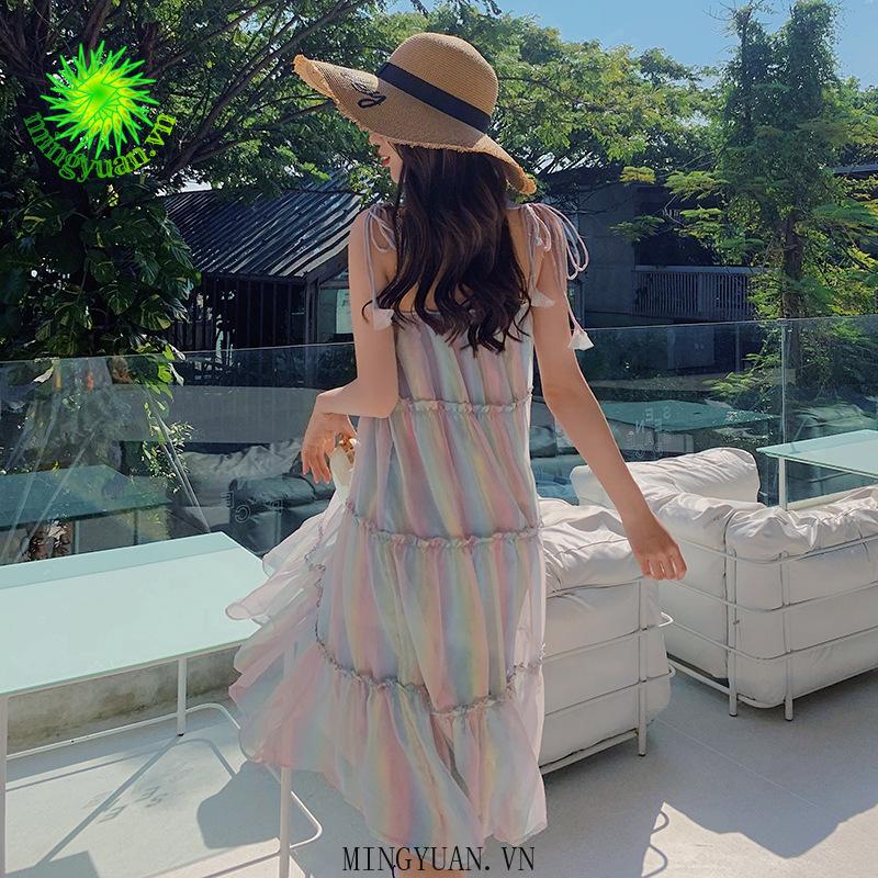 Đầm Xòe Trễ Vai Họa Tiết Cầu Vồng Xinh Xắn Dành Cho Nữ