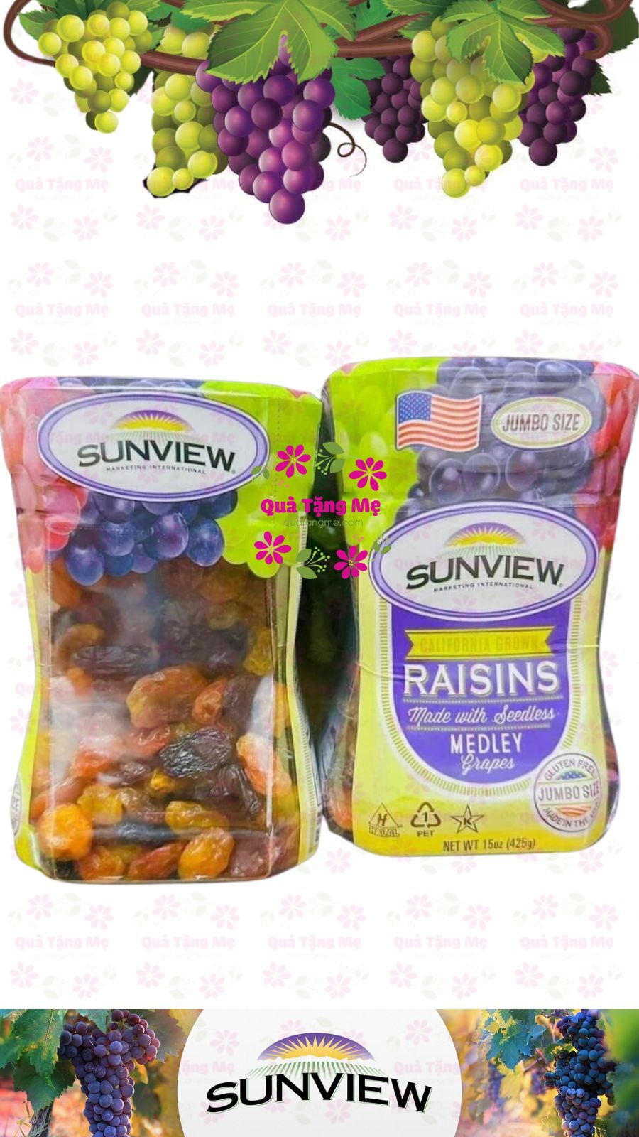Quà Tết Nho khô Sunview Raisins Mỹ không hạt 3 màu giàu Vitamin khoáng chất, tốt cho tim mạch (425g/hộp) - QuaTangMe Extaste