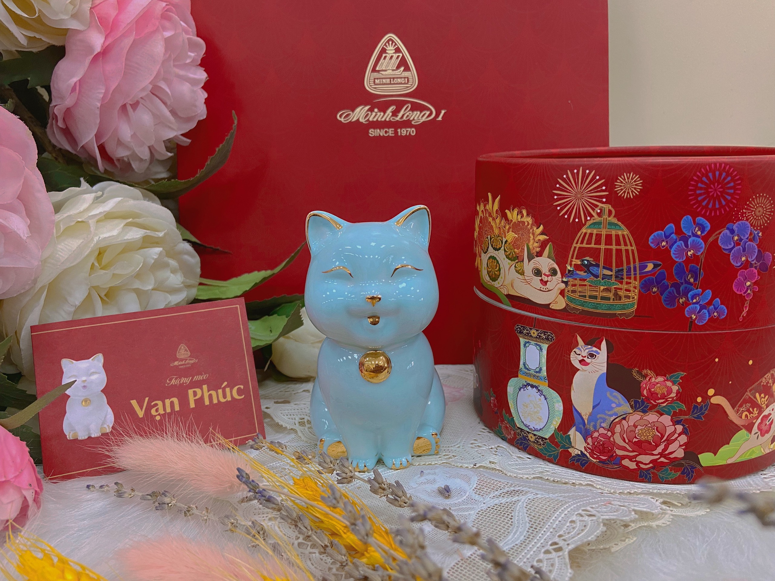 Mèo Vạn Phúc 9.5 cm - Xanh ngọc - Trang trí vàng - Gốm sứ cao cấp Minh Long