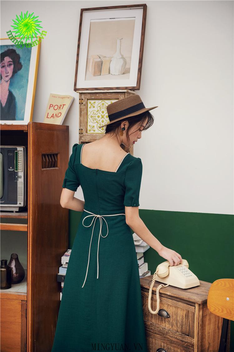 Đầm Nữ Dáng Dài Cổ Vuông Phong Cách Retro