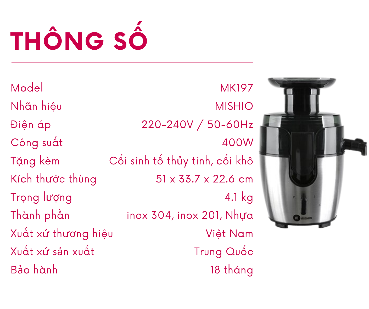 Bộ máy ép trái cây cao cấp Mishio MK197 - Hàng chính hãng