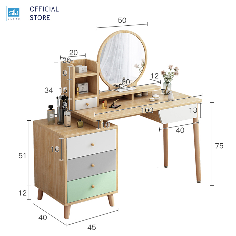 Bộ Bàn Phấn Trang Điểm Phong Cách Bắc Âu Hiện Đại Với Chân Gỗ Thương Hiệu SIB Decor (Không Kèm Ghế)