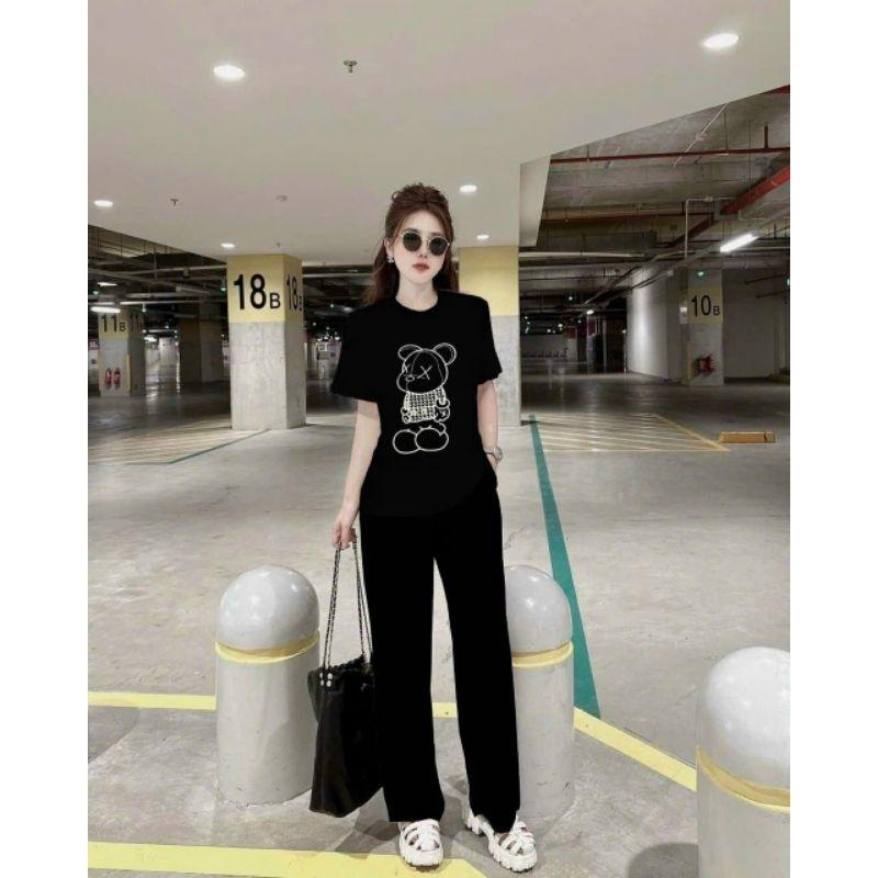 Đồ bộ thun nữ có bigsize quần dài ống suông quần ống rộng áo thêu hình gấu, sét bộ đi chơi đi làm, bộ đồ mặc nhà xinh