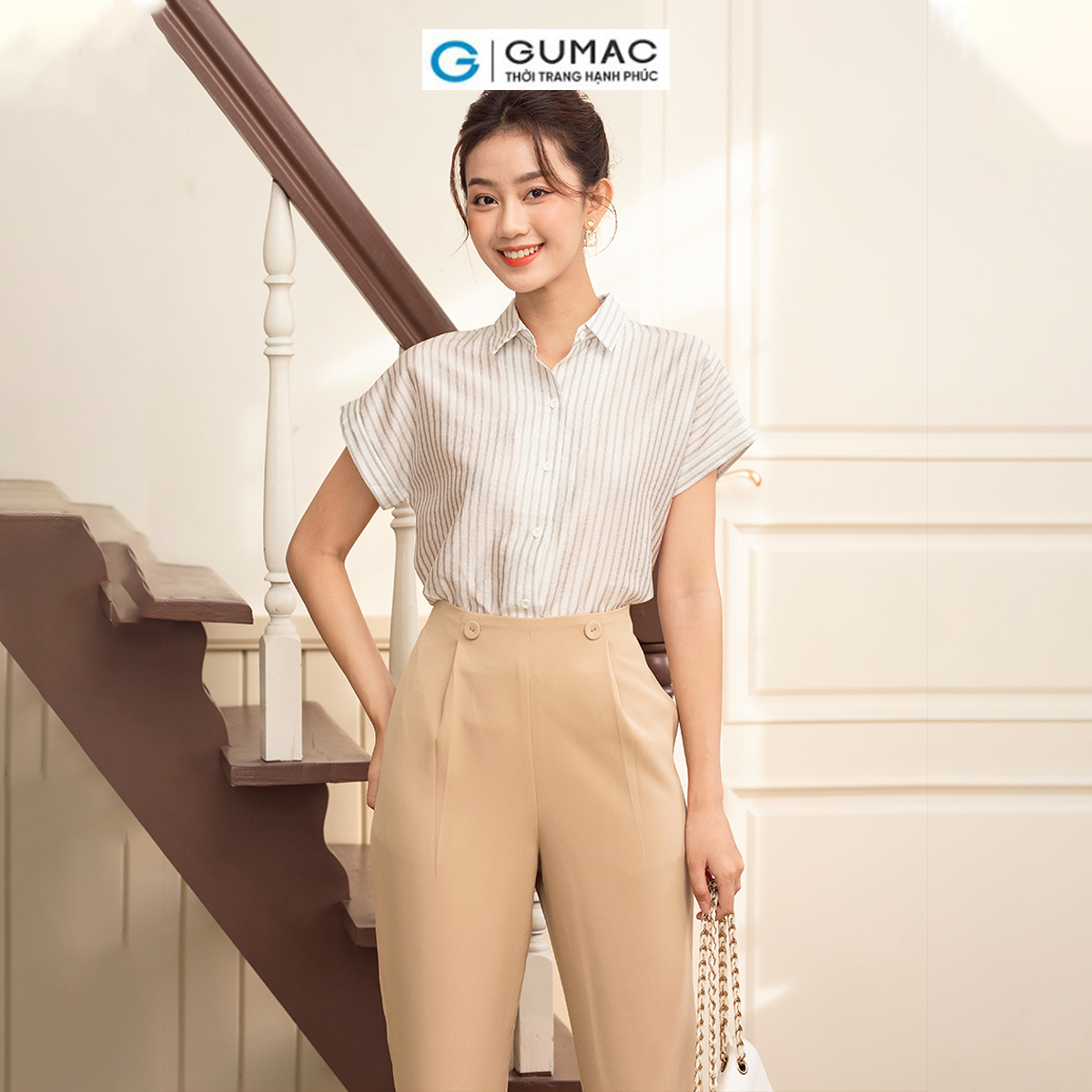 Áo sơ mi nữ tay liền vải xô mềm mát thời trang GUMAC AD06064