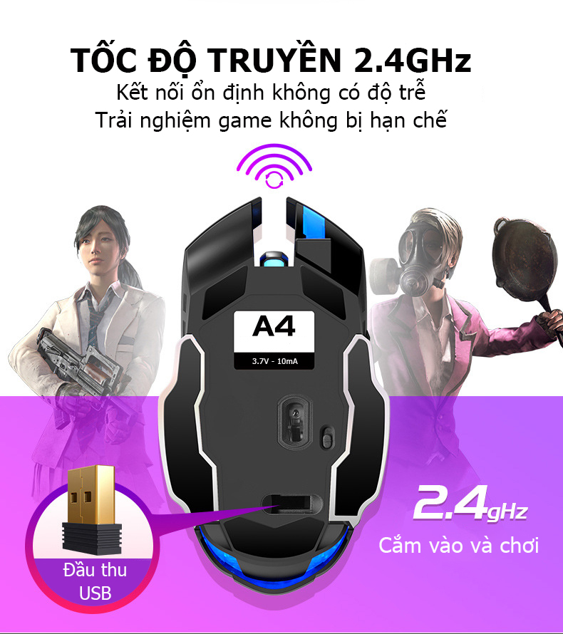 Chuột máy tính không dây A4 sạc được pin, phù hợp cho chơi game và văn phòng, thiết kế đẹp mắt, đèn Led nổi bật- Hàng nhập khẩu