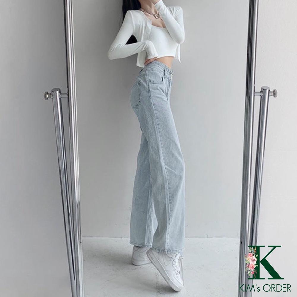 Quần Jean Nữ Cạp 3 Cúc Màu Xanh Bạc Lưng Cao Ống Suông Dài Phom Rộng Phong Cách Hàn Quốc Chất Vải Co Dãn Cao Cấp Loại 1