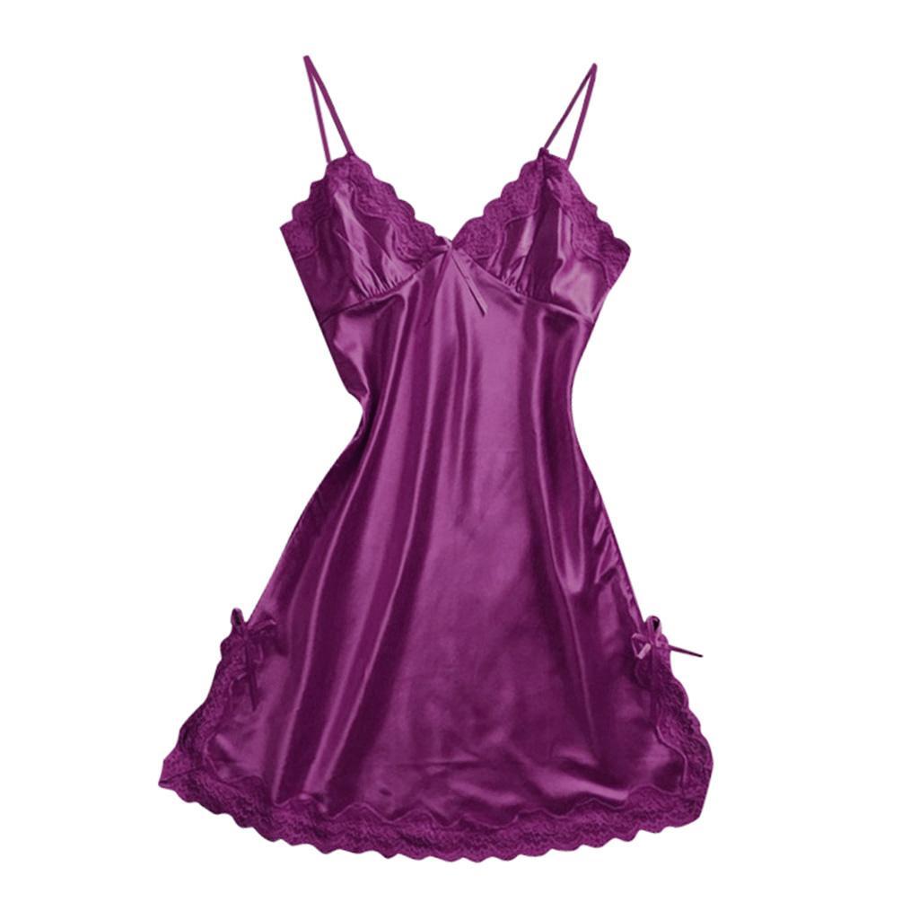 Womens  Lingerie Sleepwear Satin Bowknot Lace  Cami Dress