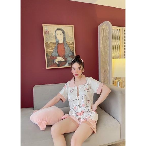 Bộ đồ ngủ Pijama đồ bộ lụa quần đùi cộc tay hoạ tiết thỏ sen kute siêu hot