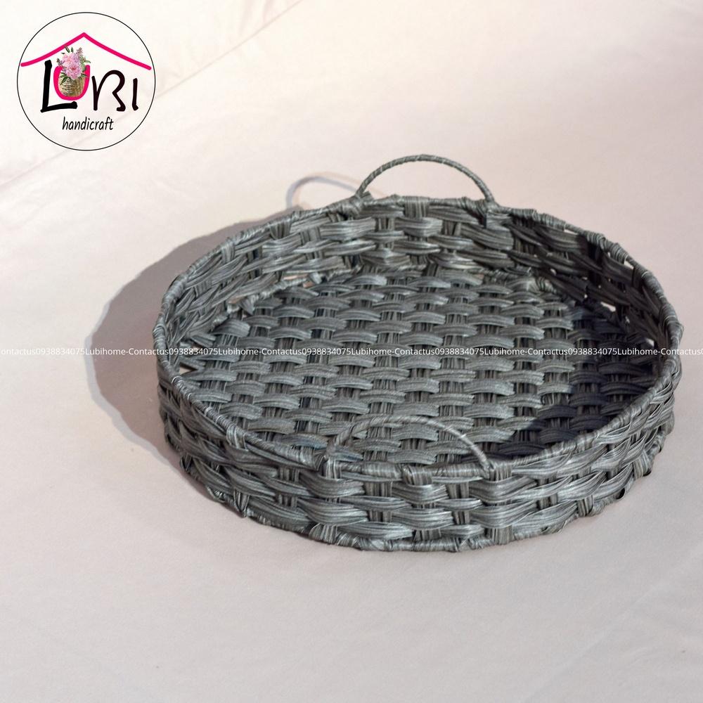 Lubihandicraft - Khay tròn đựng đồ đan dây nhựa xám quai cầm bán nguyệt - xinh xắn