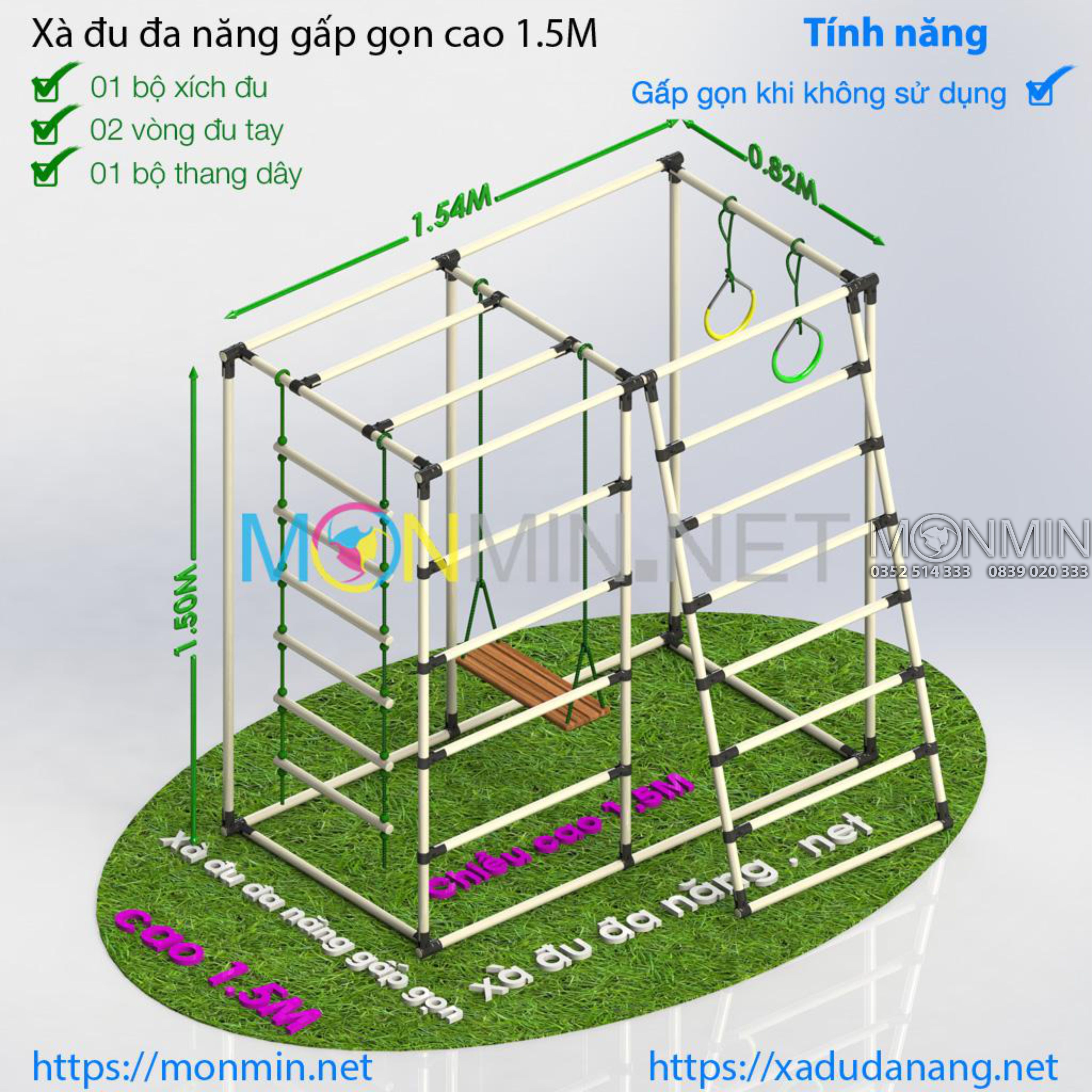 Xà đu đa năng Satech - Khung vận động cho bé - Bộ Gấp Gọn - Cao 1.5m: 1 2 4 5