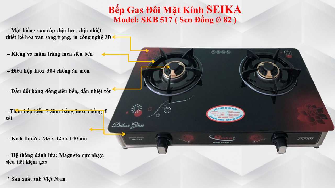 Bếp Gas Đôi Mặt Kính Sen Đồng Seika SKB517 - Hàng Chính Hãng