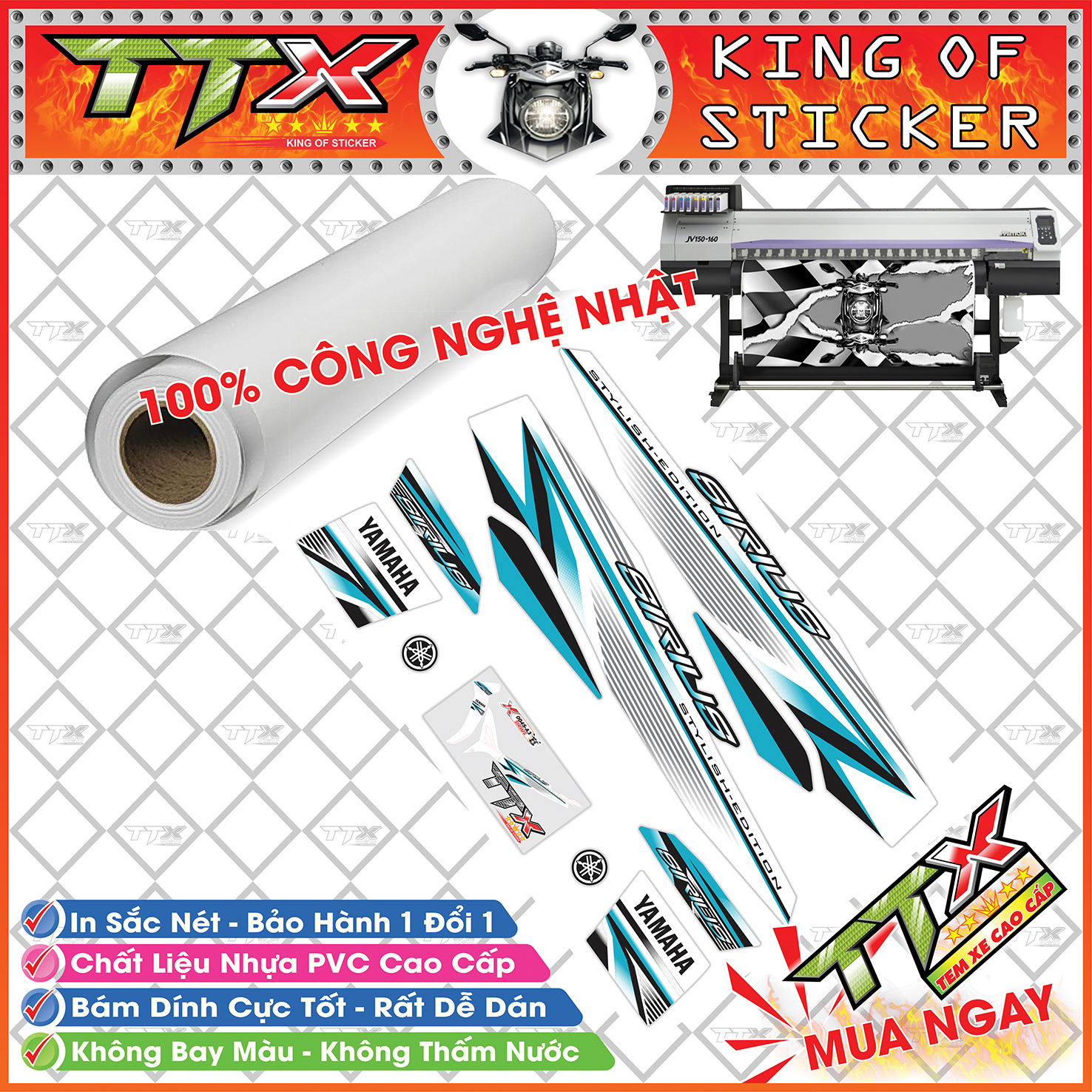 Tem dành cho xe sirius chỉ , Team phụ kiện sirius màu xanh nền trắng vệt đen đẹp hết ý , Shop TTX tem rời sirius mã (S0045/A3)