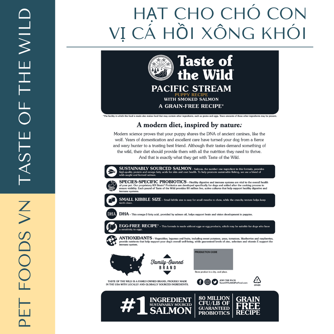 Hạt cho chó con TASTE OF THE WILD Pacific Stream Puppy vị Cá Hồi Xông Khói