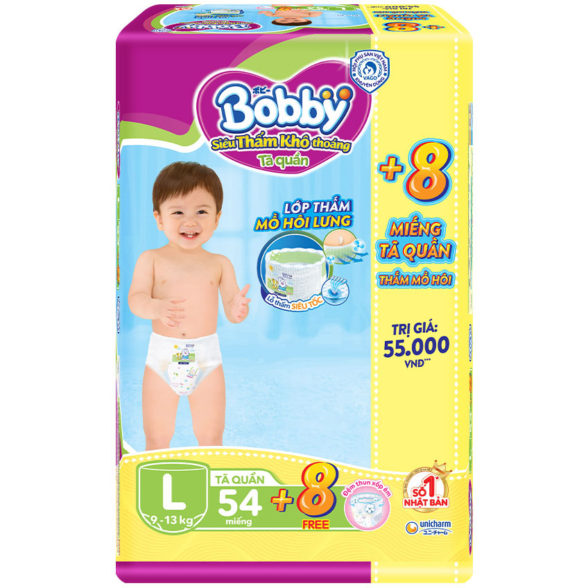 Tã Quần Bobby - Đệm Lưng Thấm Mồ Hôi L54 (54 Miếng) - Tặng 8 Miếng Trong GóI